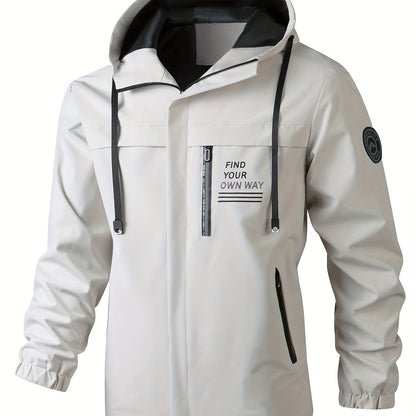 Men'S Stylish Black Hooded Windbreaker Jacket with Zipper Pockets - Casual, Loose Fit, Long Sleeve, Polyester Lining, Perfect for Spring and Fall, Casual Wear Jacket|Hooded Jacket|Zippered Jacke