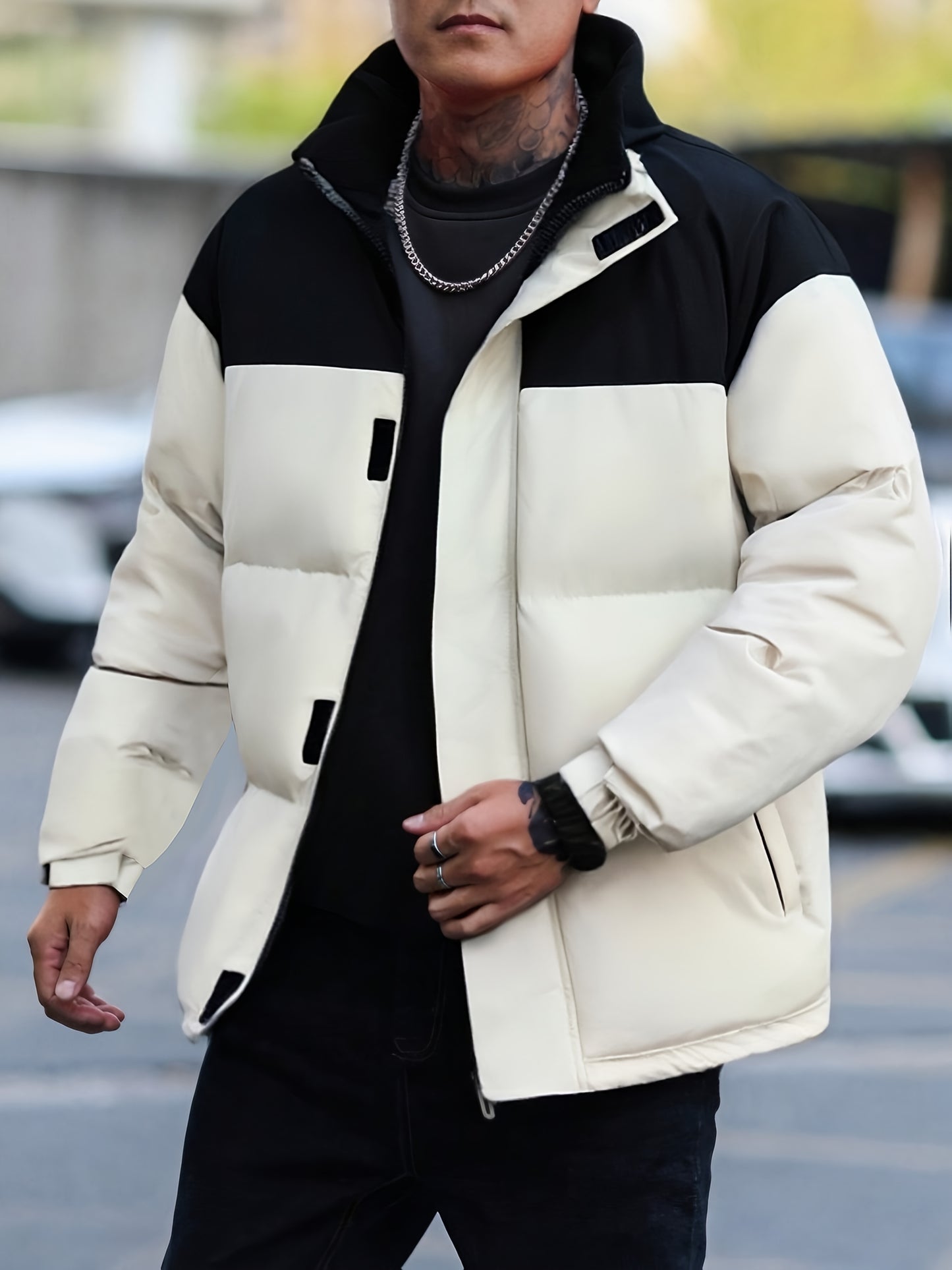 Men's Winter Color-Block Jacket with Stand Collar - Black & Casual Outdoor Warm Coat, Polyester-Filled Zipper Front, Regular Fit for Cold Weather, No Stretch Fabric