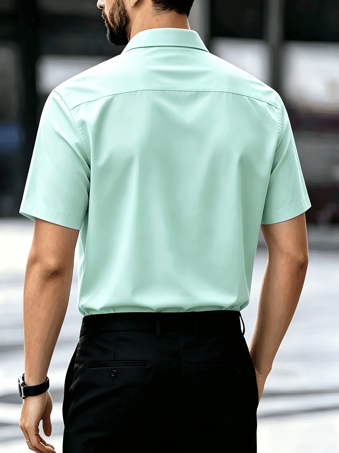 Men's Casual Navy Blue Short-Sleeve Polyester Shirt