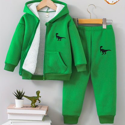 2pcs set of casual and fashionable fleece thickened Jacquard zipper pocket shoulder-length hooded sweatshirt and fleece Jacquard sports jogging pants suit, children's autumn and winter comfortable and versatile clothing, can