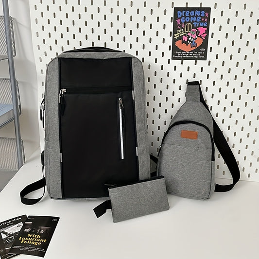 Three-piece minimalist computer backpack set, consisting of a lightweight shoulder bag, chest bag, and wallet, suitable for daily commuting and business use