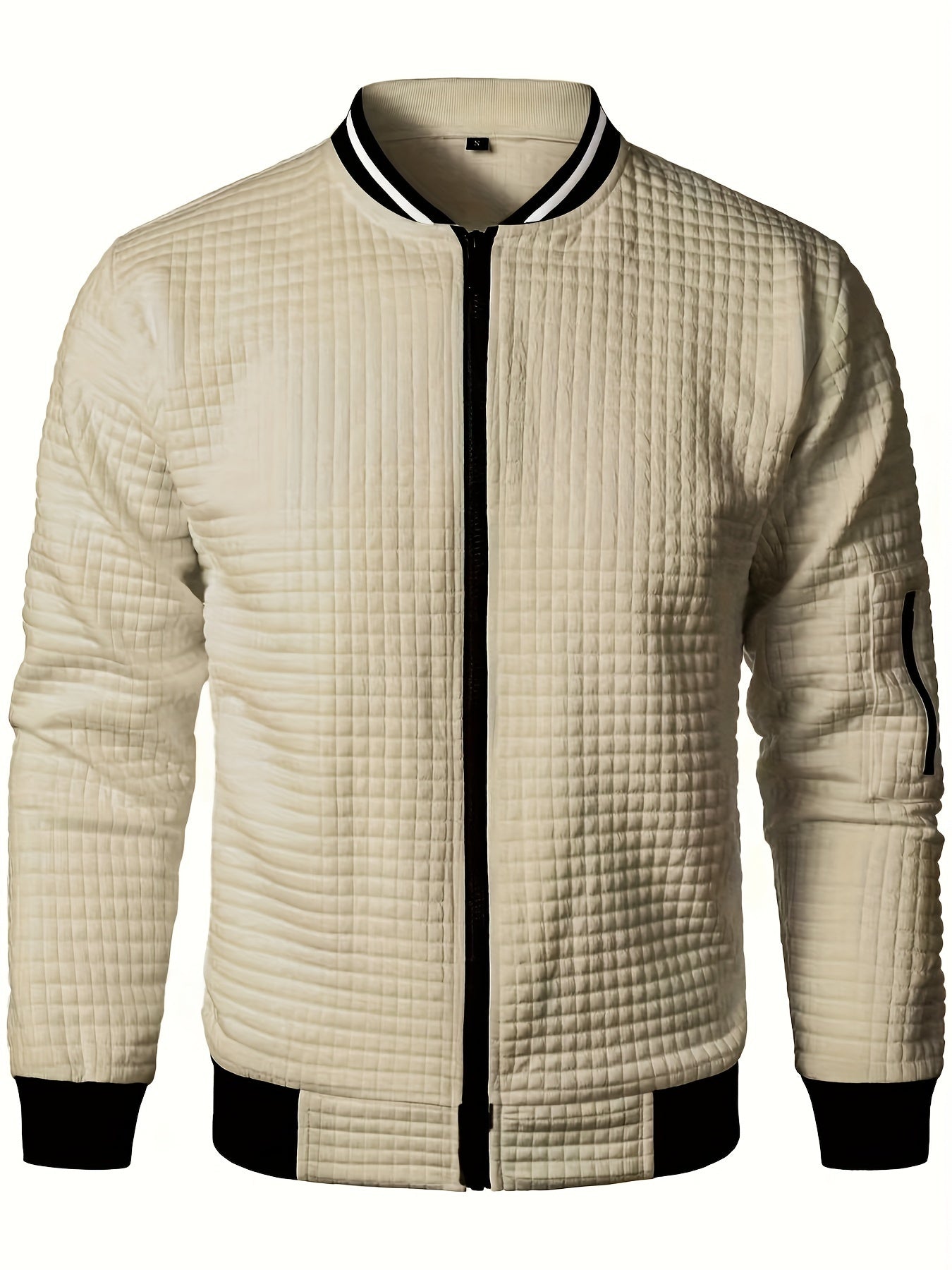 Men's Casual Bomber Jacket with Stand Collar - Polyester and Elastane Blend, Knit Fabric with Slight Stretch, Solid Color, Zipper Detail, Long Sleeve, Regular Fit