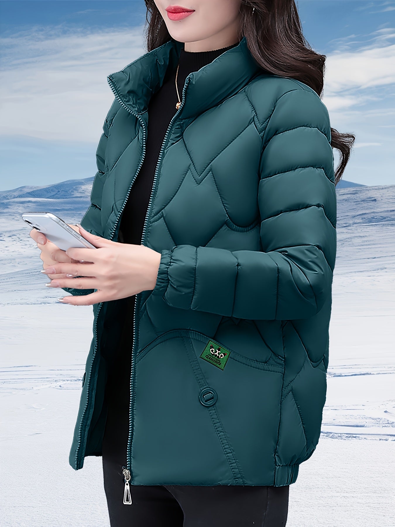 Women's Stylish Winter Coat - Black Herringbone Design, Flared Hem & H-Silhouette, Long Sleeve Non-Stretch Fabric, Hand Wash Only, Japanese-Korean Inspired for Casual & Formal Occasions