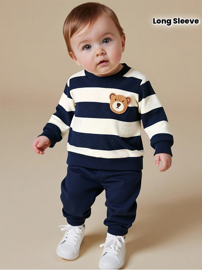 Baby Boy Fall Winter Striped Velvet Sweatshirt and Pants Set - ayq