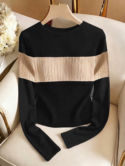 Women's Elegant Color-Block Crew Neck Long Sleeve Top