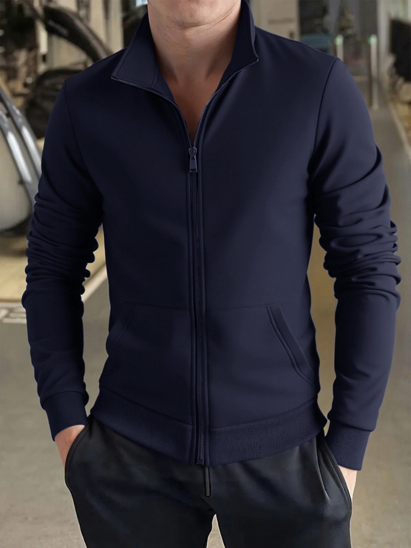 Men's Solid Color Green Full-Zip Stand Collar Jacket - Lightweight Workwear Coat with Zippered Pockets, Machine Washable, Regular Fit for Gym, Hiking, Casual & Outdoor Activities - Versatile All-Season Outerwear