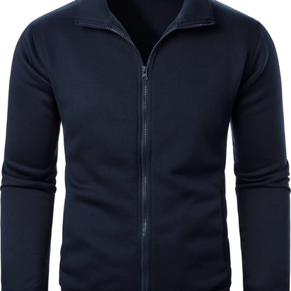 Men'S Slim-Fit Fleece-Lined Zip-Up Hoodie - Warm Long Sleeve Casual Jacket with Stand Collar, Solid Color, Polyester Lining, Pockets, Regular Fit for Fall/Winter, Winter Hoodie, Autumn Outerwear, Sleek Design, Durable Fabric,