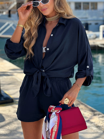 Women's Elegant Satin Long-Sleeve Shirt & Shorts Set for Spring/Fall