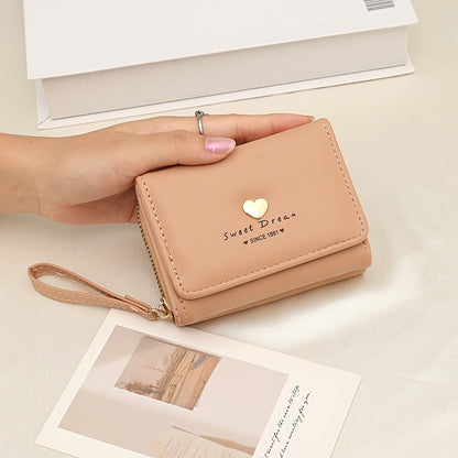 New Women'S Short Wallet, Cute Korean-Style Heart-Shaped, Large Capacity with Multiple Card Slots, Trendy Tri-Fold Design.