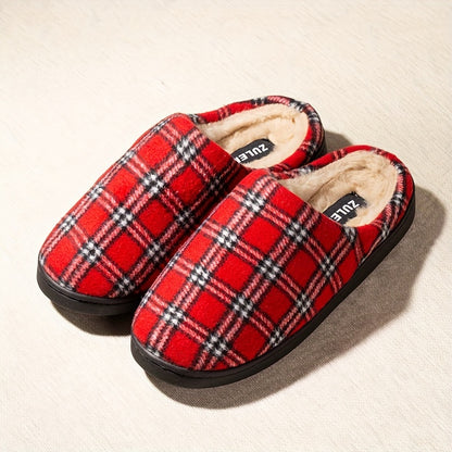 Unisex Plaid Slip-On Slippers for Men & Women - Comfortable Memory Foam Indoor/Outdoor House Shoes with TPR Sole, Warm Fabric Uppers, Blue & Red Options, Perfect for Everyday & Leisure Wear, House Slippers
