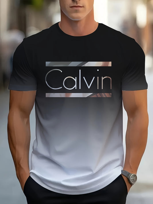 Men'S "Calvin" Graphic T-Shirt - Casual 3D Print Letter Tee with Geometric Design, Short Sleeve, Round Neck, Light Blue, Perfect for Summer, Everyday  Sportswear, Casual Wear Tee   Modern Casualwear   Comfortable Fit