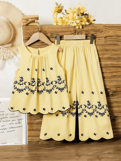 Girls' Retro Floral Striped Sleeveless Top & Wide Leg Pants Set
