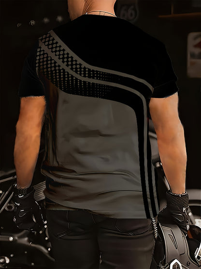 Men'S Stylish Black  Gray Striped T-Shirt - Soft Polyester Fabric, 3D Digital Print Design, Casual Crew Neck, Short Sleeve, Perfect for Summer, Everyday Comfort Tee   Modern Casualwear   Comfortable Fit