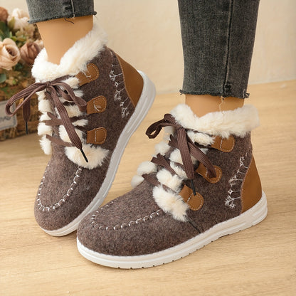 New Autumn-Winter Plush Lace-Up High Top Women's Snow Boots, Fashionable Warm Short Ankle Shoes, Trendy Versatile Comfortable Thermal Low Cut Winter Footwear