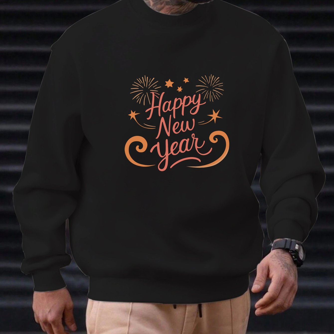 Men'S Happy New Year Sweatshirt - Light Grey with Orange Lettering - Regular Fit Crewneck Pullover for New Year'S Eve, NYE Parties & Casual Attire - Non-Permanent Celebration Sweater for Everyday & Special Occasions, New Year