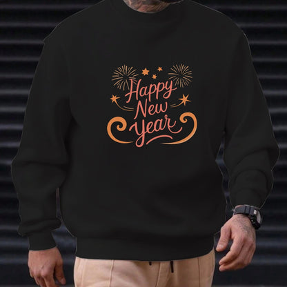 Men'S Happy New Year Sweatshirt - Light Grey with Orange Lettering - Regular Fit Crewneck Pullover for New Year'S Eve, NYE Parties & Casual Attire - Non-Permanent Celebration Sweater for Everyday & Special Occasions, New Year