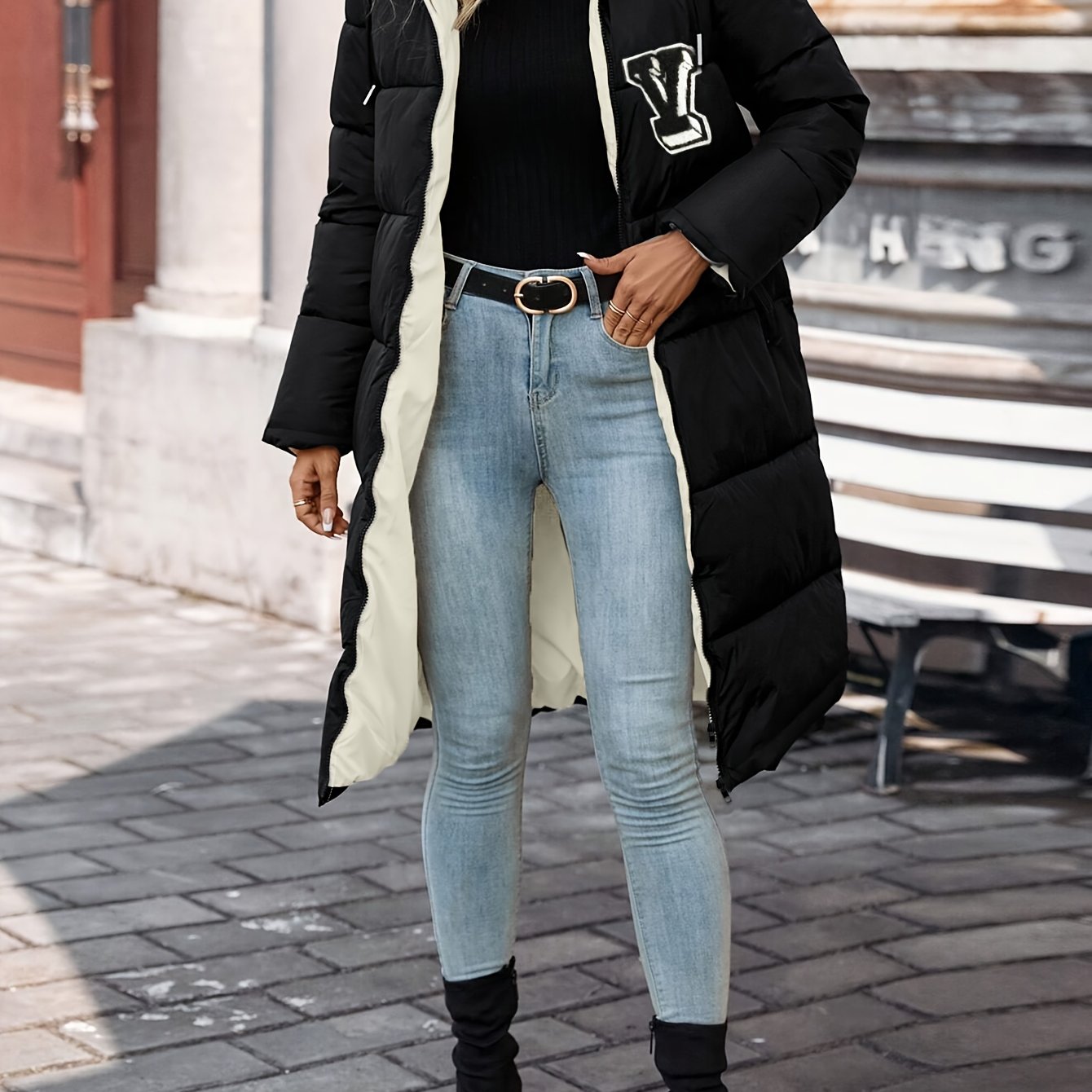 Women's Elegant Long Hooded Coat - Solid Black & White Zip-Up Winter Jacket with Logo, Machine Washable Polyester, Perfect for Fall and Winter Layering, Winter Coat