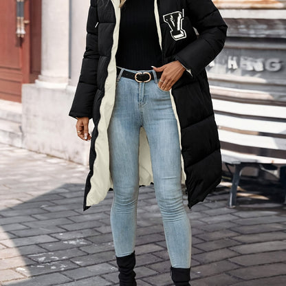 Women's Elegant Long Hooded Coat - Solid Black & White Zip-Up Winter Jacket with Logo, Machine Washable Polyester, Perfect for Fall and Winter Layering, Winter Coat