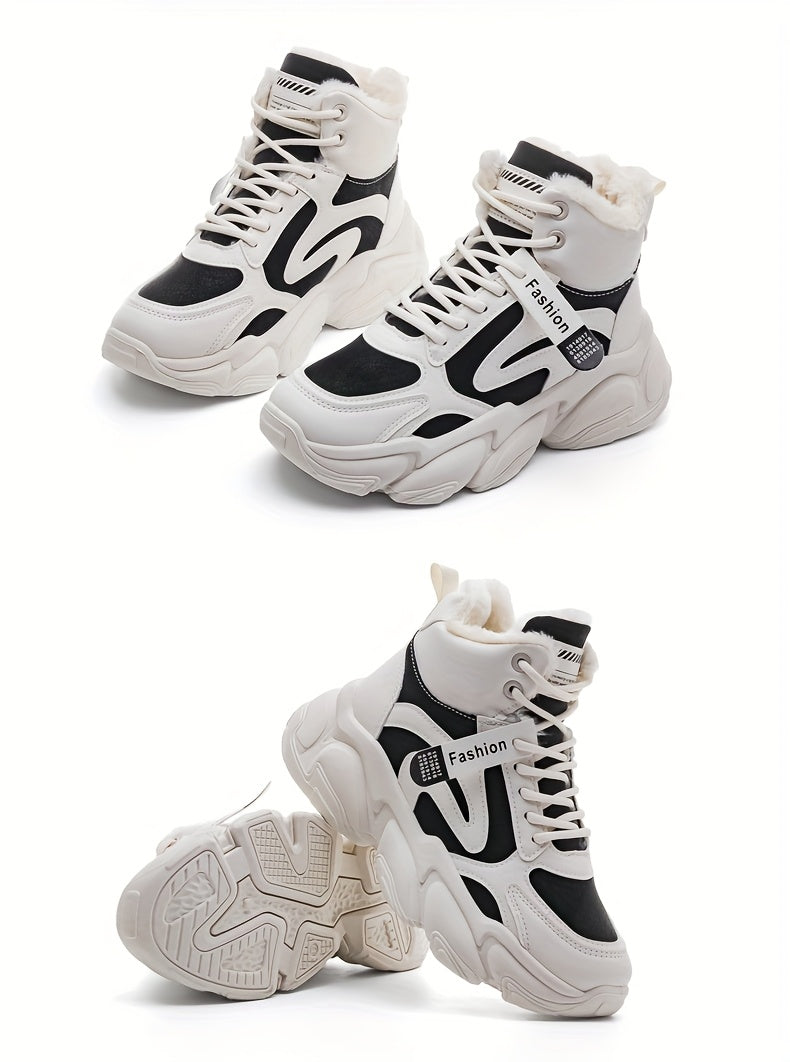 Women's Plush Fleece-Lined High-Top Sneakers - Thick-Soled Winter Warm Lace-Up Shoes with PU Upper & Cushioned PVC Sole, White/Black/Grey Chunky Dad Shoes (Cozy Round Toe) - Instagram Trendy Winter Footwear by I Trend