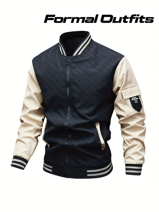 Men's Vintage Baseball Jacket - Lightweight Zip-Up Coat with Dark green/Beige colorblock, Non-Stretch Fabric for Casual & Formal Outfits - Spring/Fall Outerwear Jacket, Outdoor Wear, Retro Fashion, Durable Construction, Styli