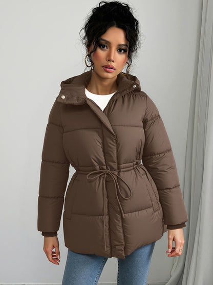 Women'S Elegant Black Puffer Jacket - Mid-Length Loose Fit with Adjustable Drawstring Waist, Long Sleeves, and Front Zipper, Casual Winter Outerwear for Cold Weather, Winter Jacket