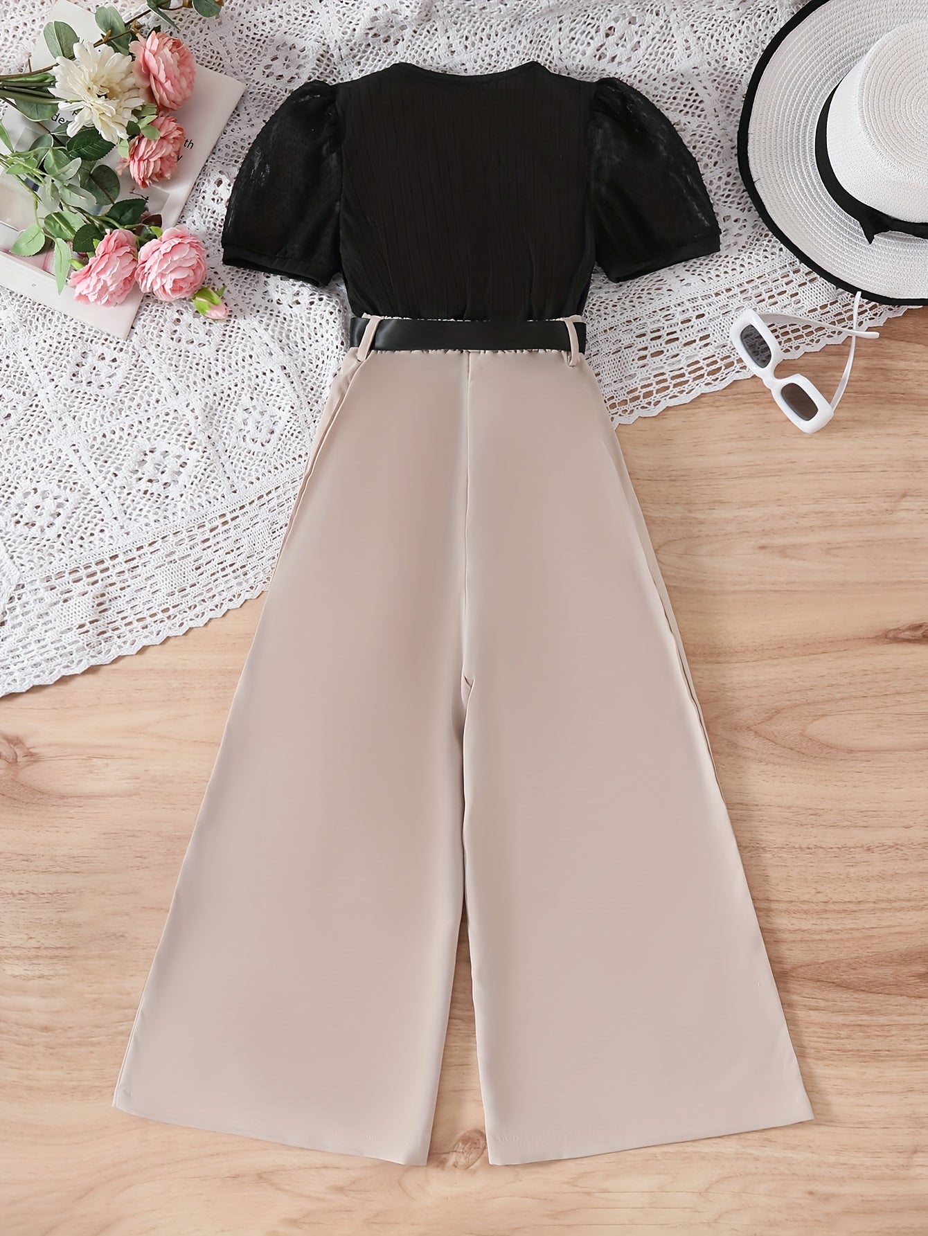 Casual Black Puff Sleeve Top & Apricot Wide-Leg Pants Set