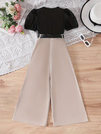 Casual Black Puff Sleeve Top & Apricot Wide-Leg Pants Set