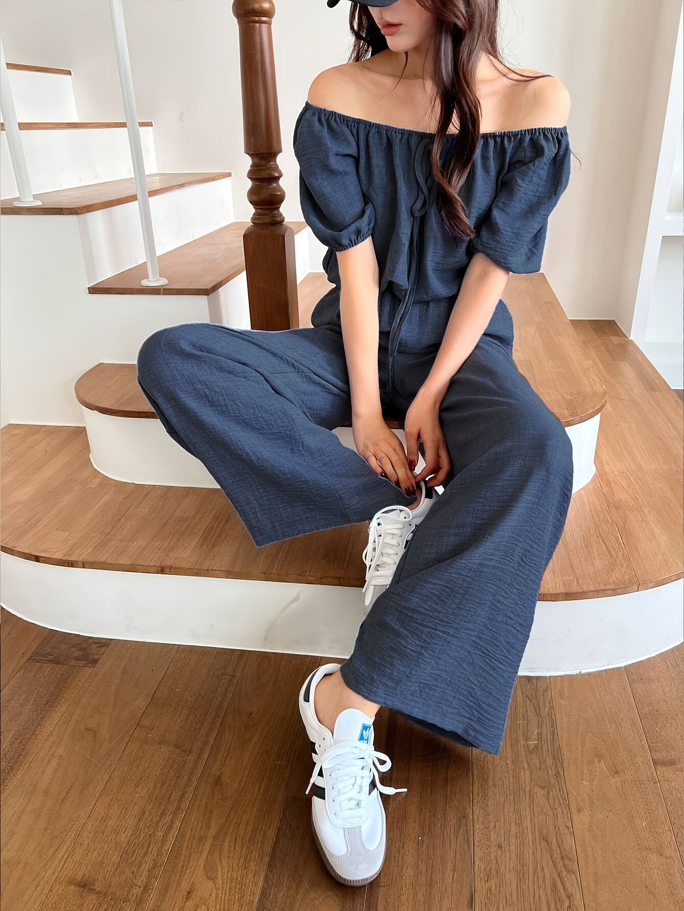 Women's Summer Solid Color Off-Shoulder Puff Sleeve Crop Top and Loose Wide-Leg Pants Two-Piece Set