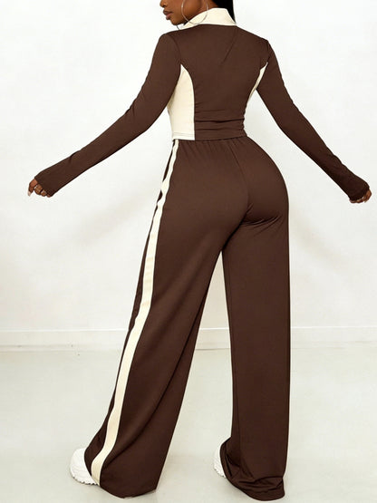 Women's Fashion Two-Piece Set, Stylish and Versatile Brown and White Contrast Color Slim-Fit Zip-Up Top + Side Stripe Pants Set