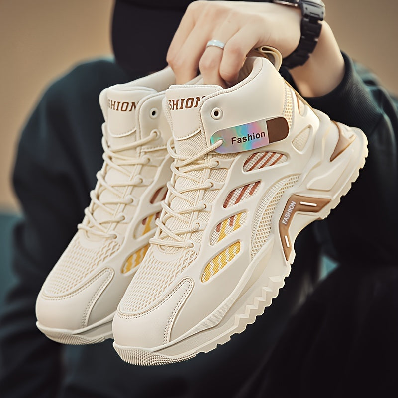 Fashion Mid-Top Sneakers for Men - Casual Street Style Athletic Shoes with Graphic Pattern, Lace-Up Closure, All-Season Round Toe Trainers with PU Upper, Fabric Lining  Insole, Anti-Slip PVC Sole