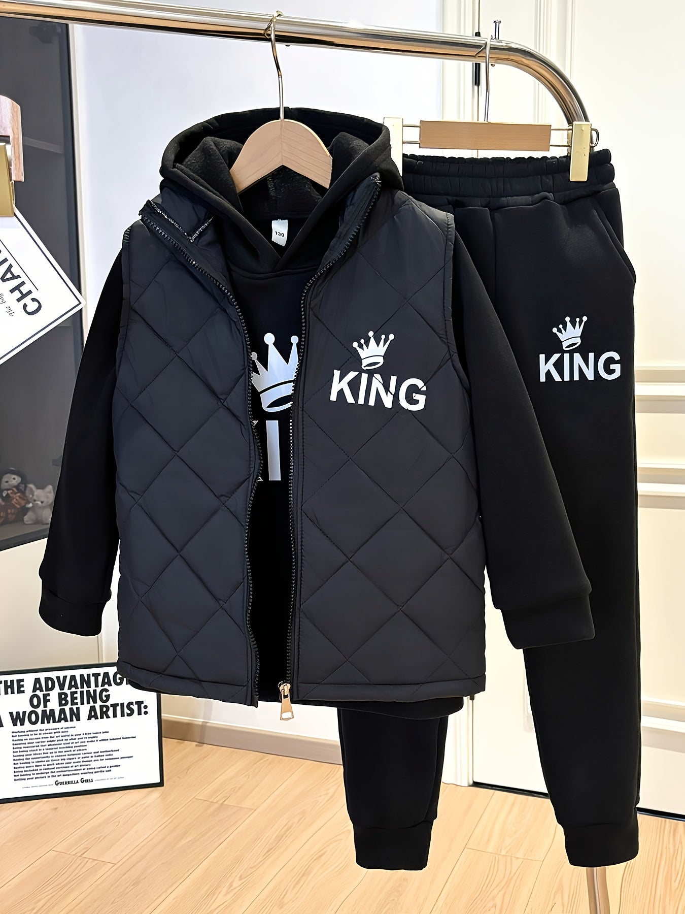 3pcs Boys' Winter Thermal Full Set - Thick Zip-Up Vest, Hooded Sweatshirt & Full-Zip Pants Jacket with & KING Logo Print (Black) - Loose-Fit Cold Weather Outfits for &, Machine Washable, Perfect for Outdoor