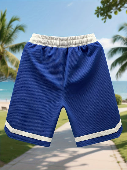 Men's Casual Color Block Polyester Summer Shorts with Drawstring