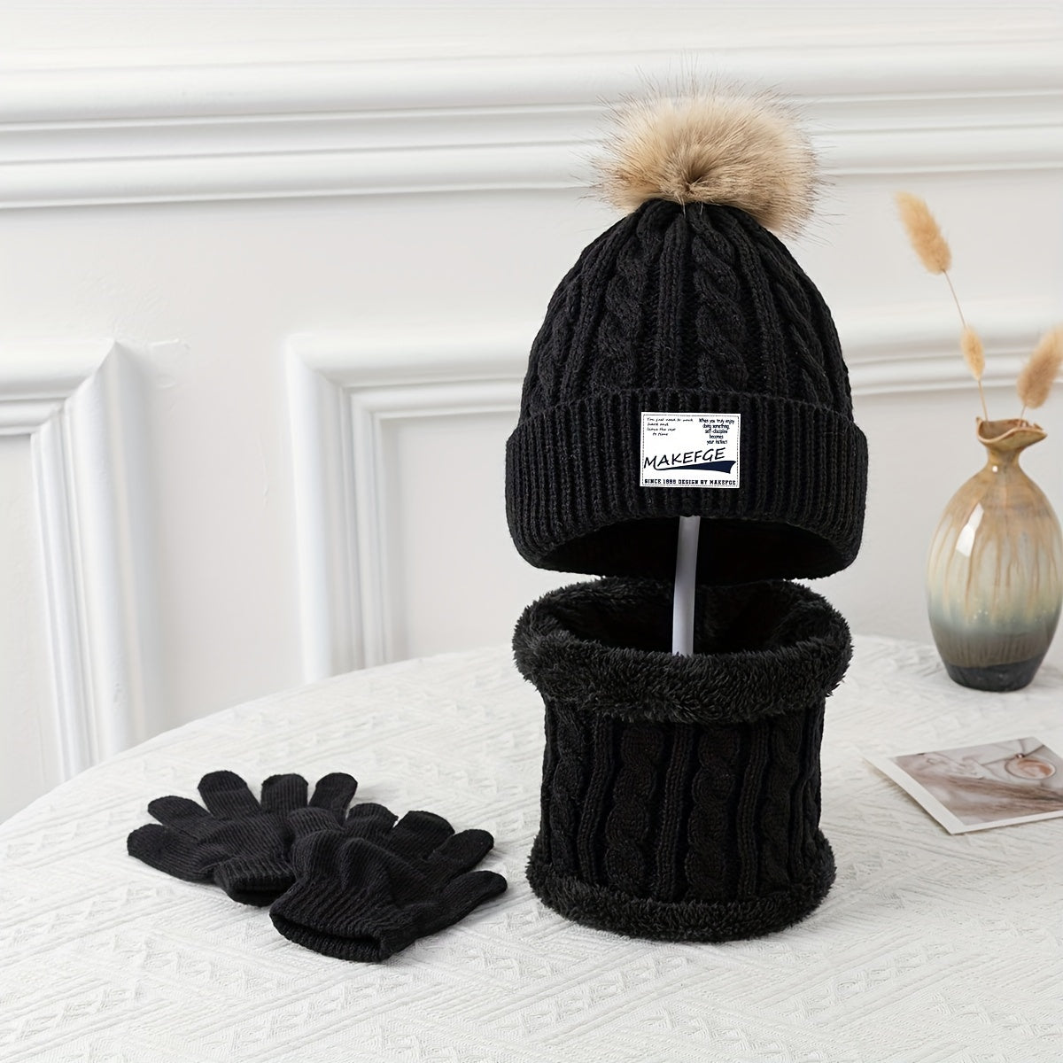 Youngsters's Autumn and Winter Warm Knitted Hat, Scarf, and Gloves Three-Piece Set for Boys and Girls - Cold Protection Outfit