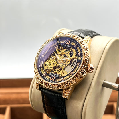 Vintage Hollow Carved Automatic Mechanical Men'S Watch, Fashionable Luxury Men'S Watch, High-end Thickened Mechanical Style Hip-Hop Party Wristwatch, Without Battery