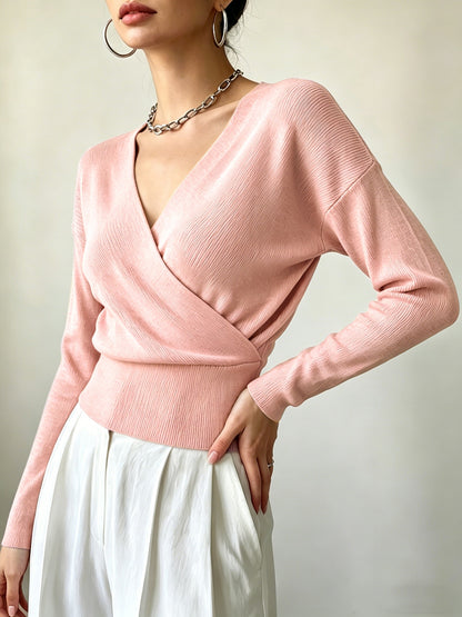 Women's Elegant Cross-Collar V-Neck Pullover Knitwear for Fall/Winter