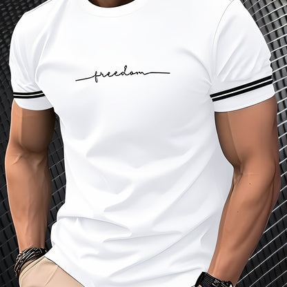 Men'S "Freedom" Graphic T-Shirt - Black Casual Crew Neck Tee with White Stripes, Breathable Polyester Blend, Regular Fit for Casual Attire, Everyday Tshirt   Bold Print Tee   Comfortable Fit, Knit