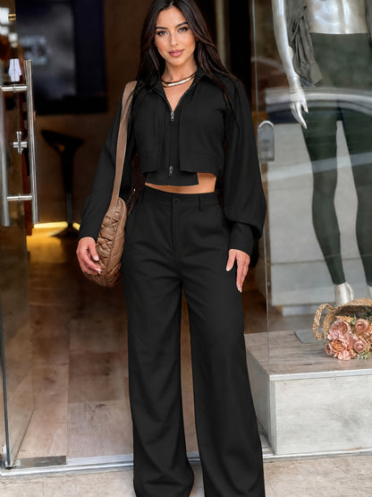 Women’s Two-Piece Zipper Top & High-Waist Wide-Leg Pants Set - ayq