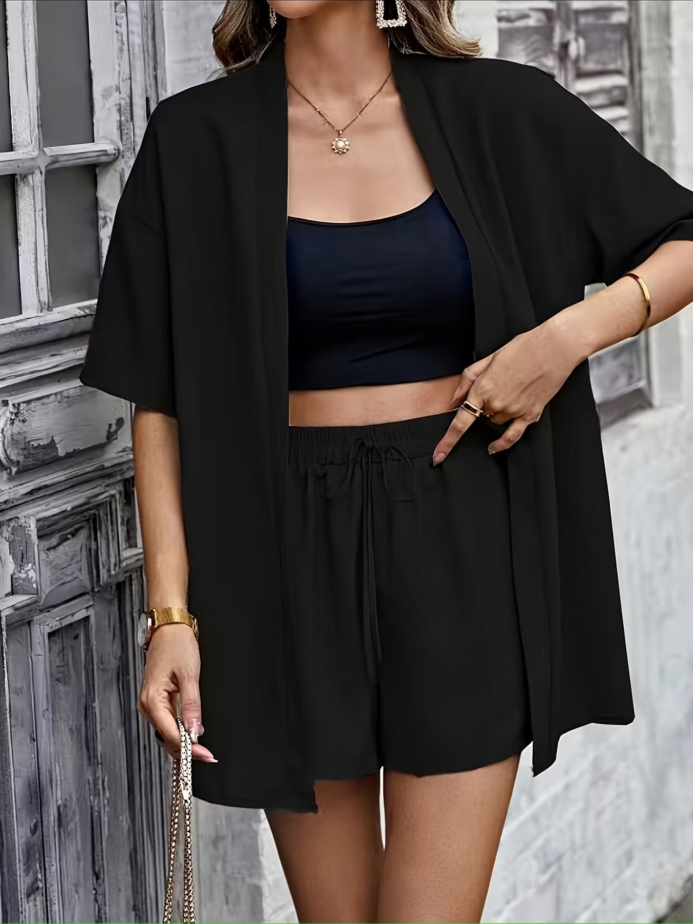 Women's Casual 2-Piece Set: Loose Cardigan, Crop Top & Shorts