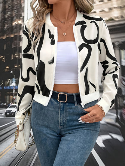 Women'S Stylish Black & White Abstract Print Zip-Up Cardigan Jacket - Casual Long Sleeve Pullover with Belted Waist, All-Season Wear, Casual Attire Jacket|Modern Casual Jacket|Zippered Jacket
