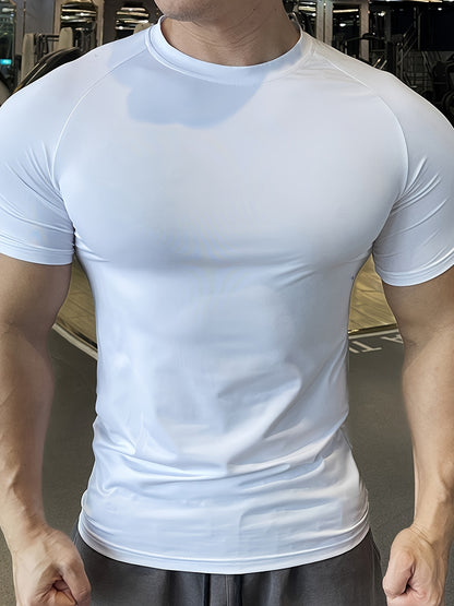 Men'S Slim-Fit Quick-Dry Athletic T-Shirt - Breathable, Stretchy, Solid Color Crew Neck Tee for Gym, Casual Summer Wear, Gym Apparel   Trendy Men'S Tee   Quickdry Materia