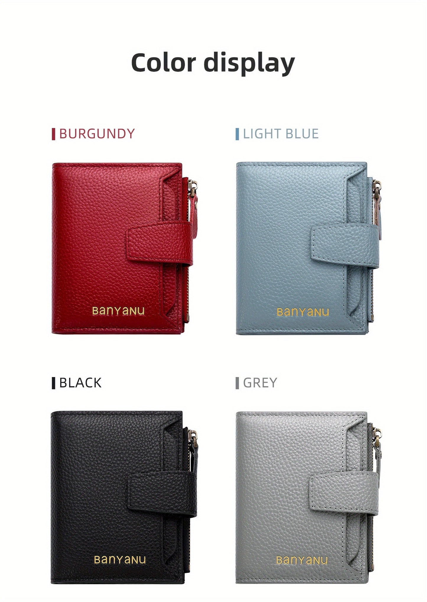 BANYANU Women'S Genuine Faux Leather Wallet - Red Lychee Grain Texture, Multi-Card Slots, Zippered Coin Pocket, Detachable ID Window, Compact Design for Everyday Use, Secure Coin Storage | Stylish Wallet | Synthetic