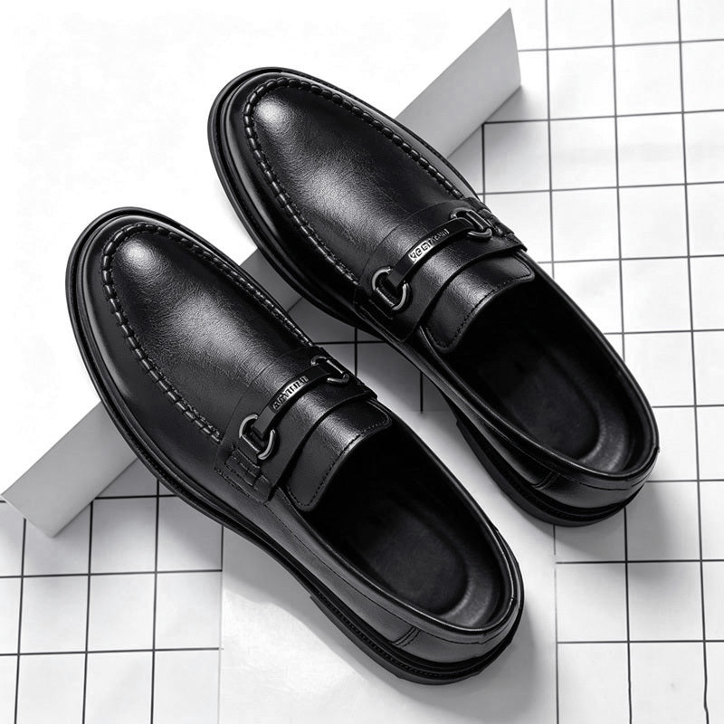 Men's Black Slip-On Business Casual Shoes with Metal Buckle