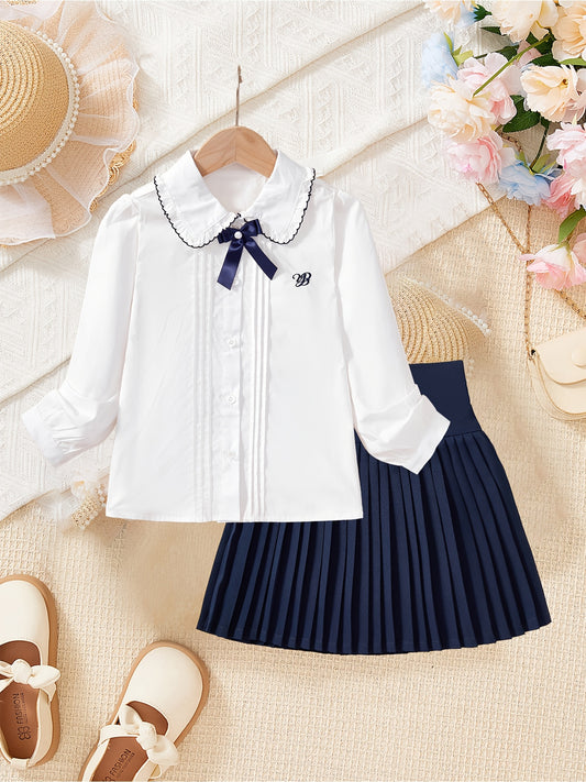 Girls' Preppy JK Set Cotton Shirt & Pleated Skirt for Spring