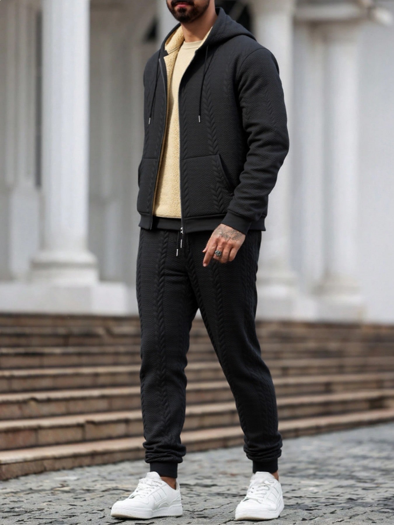 Men's Winter Fashion Two-Piece Set: Jacquard Hooded Cardigan with Lining & Long Pants – Ideal for Autumn and Winter, Winter Clothes For Men