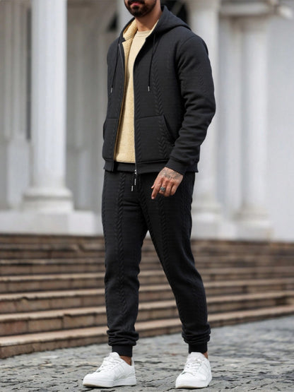 Men's Winter Fashion Two-Piece Set: Jacquard Hooded Cardigan with Lining & Long Pants – Ideal for Autumn and Winter, Winter Clothes For Men