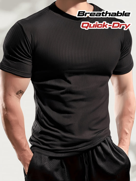 Men'S Fitted Ribbed Short-Sleeve Quick-Dry T-Shirt - Made from Breathable And Spandex Blend, Round Neck, Machine Washable - Suitable for Fitness And Casual Summer Wear, Sports T-Shirt | Round Neck Shirt | High-Elastic Fabric - ayq