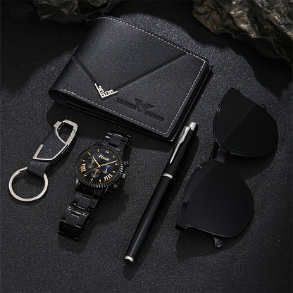 5pcs Men'S Business Sports Watch, Wallet, Glasses, Pen and Keychain Set in a Gift Box Suitable for Father'S Day, Anniversaries, or Birthdays
