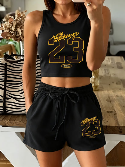 Women's Casual Printed Tank Top & Shorts Set with Pockets