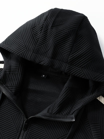 Men's Spring & Fall Jacquard Embroidered Striped Tracksuit Set - 2pcs Zip-Up Hoodie & Pants for Daily Wear, Sports & Outdoor Trips