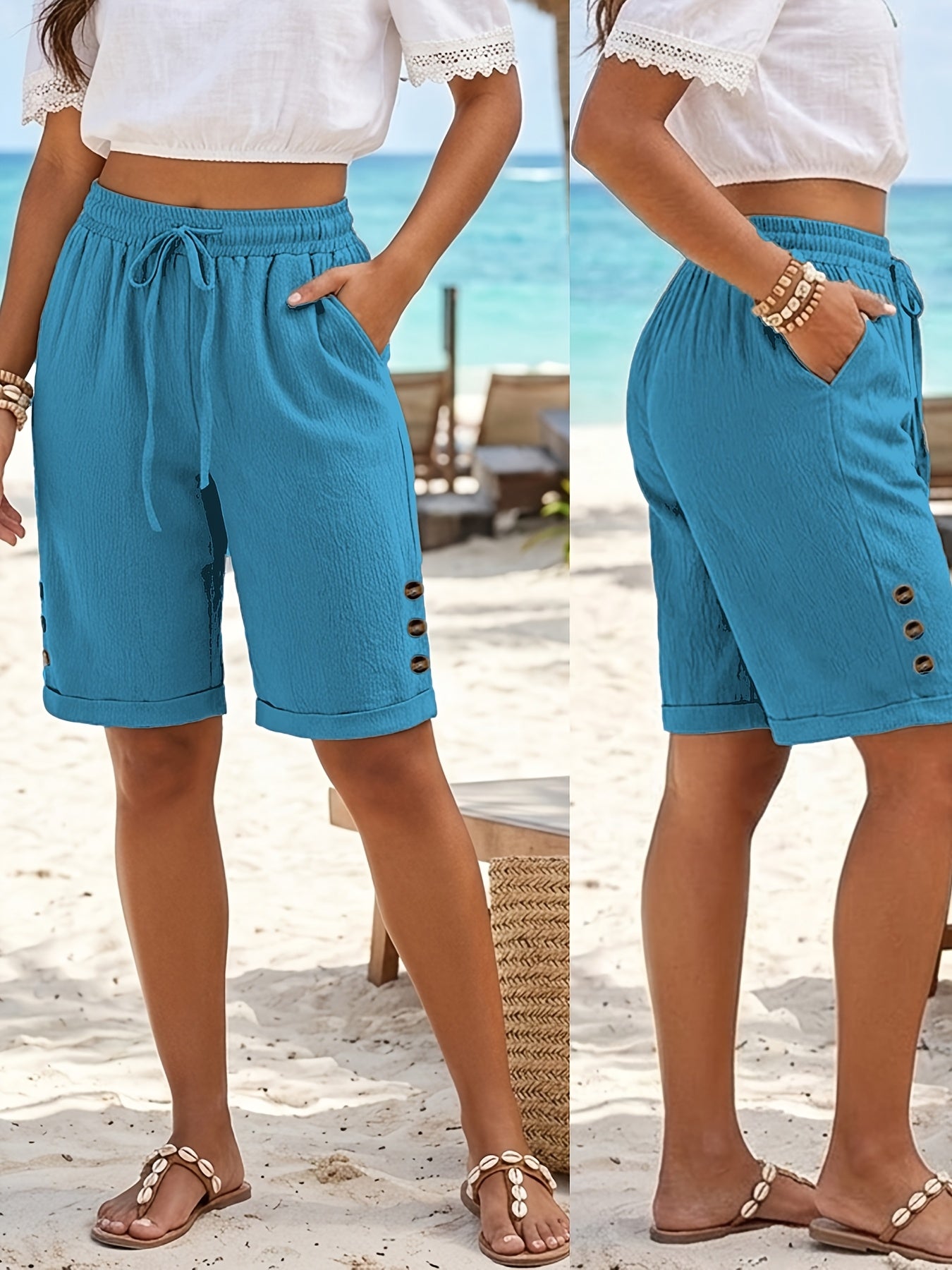 Women's Summer Vacation Solid Color Shorts with Pockets & Drawstring
